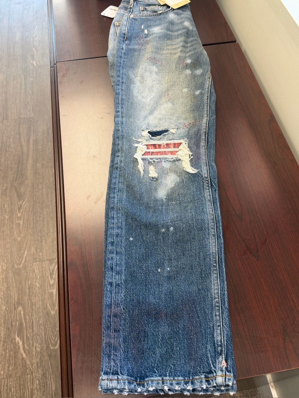 Scotch & Soda Distressed Blue Straight Jeans with Red Patch